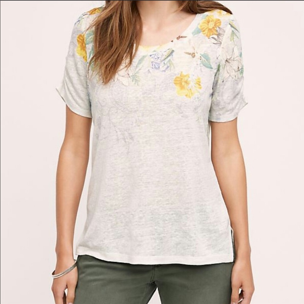Anthropologie Meadow Rue Linen Floral Tee S
